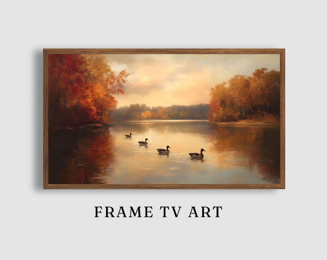 Four Mallard Ducks on Calm Autumn Lake Sunset Reflection Water Art Poster