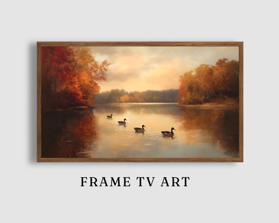 Four Mallard Ducks on Calm Autumn Lake Sunset Reflection Water Art Poster