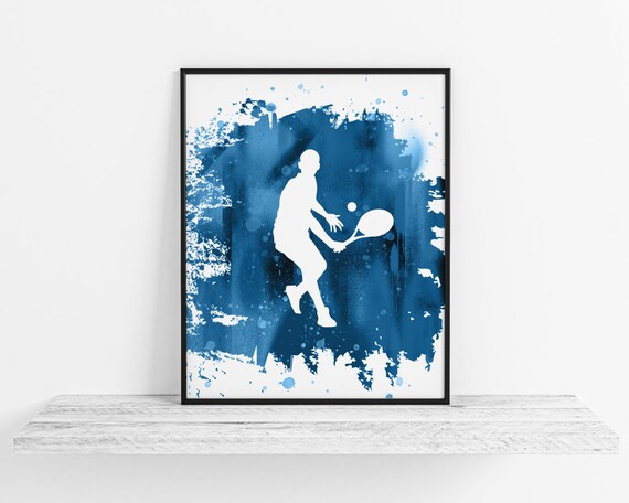 Tennis Player Mid Rally Silhouette On Blue Splash Sports Poster