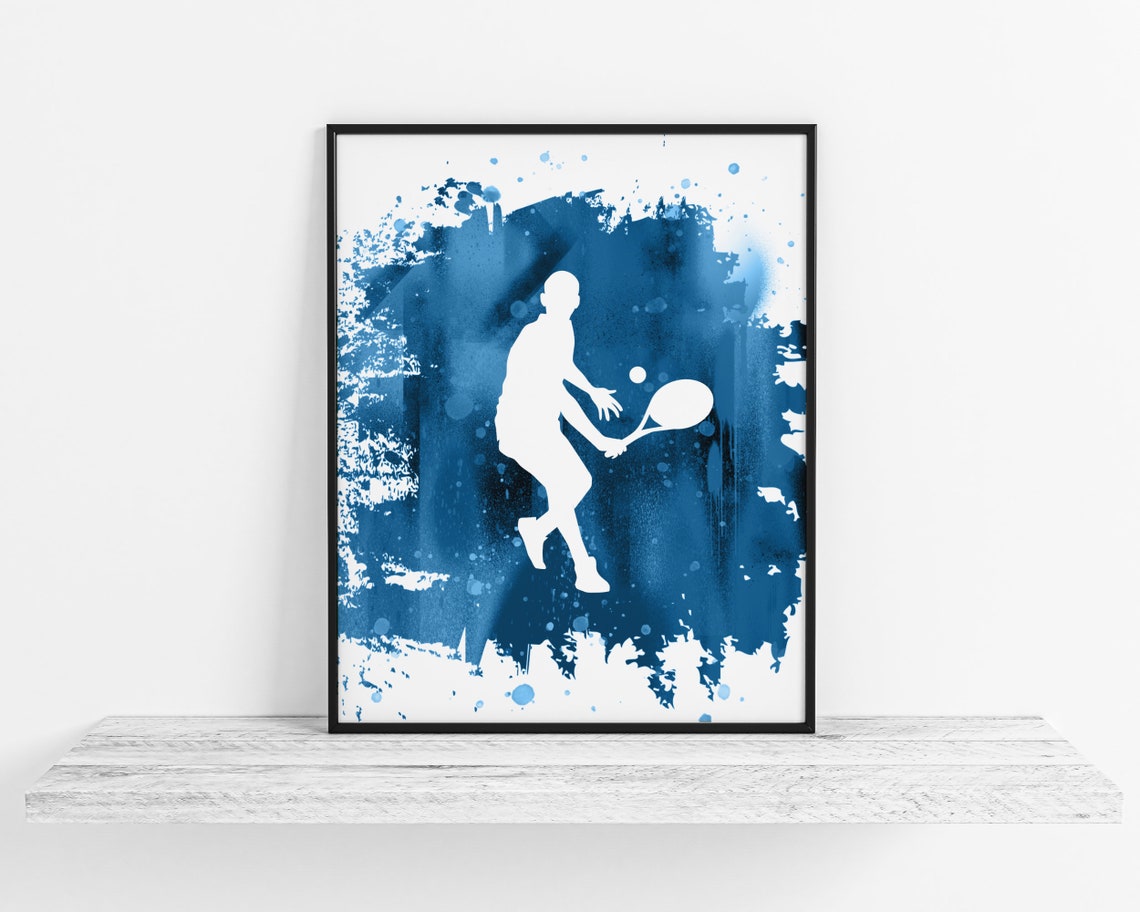 Tennis Player Mid Rally Silhouette On Blue Splash Sports Poster