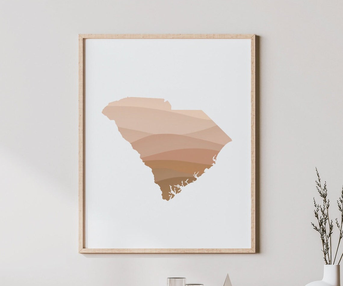 South Carolina State Layered Neutral Waves Boho Map Wall Art