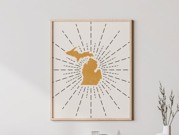 Michigan Boho Map Outline Print, Mid-Century Modern