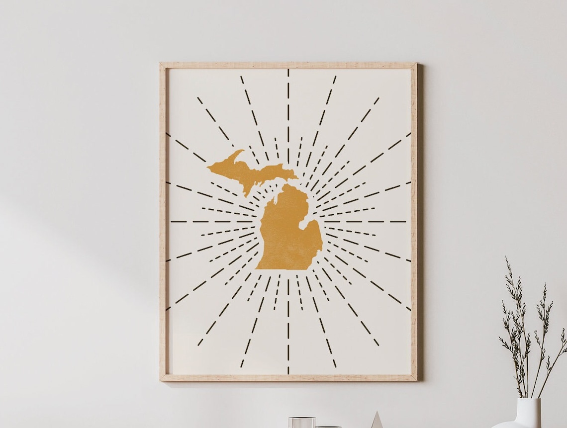 Michigan Boho Map Outline Print, Mid-Century Modern