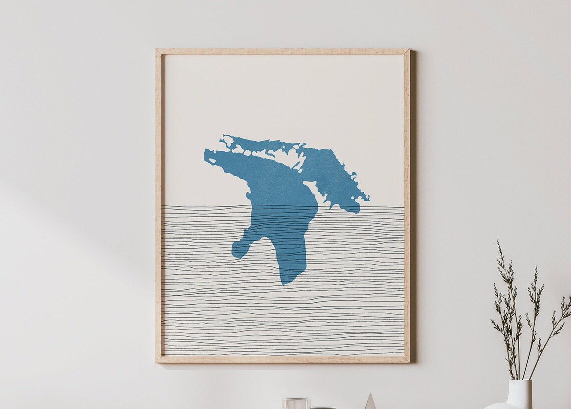 Lake Huron Blue Map Silhouette Minimalist Lakehouse Line Art Poster