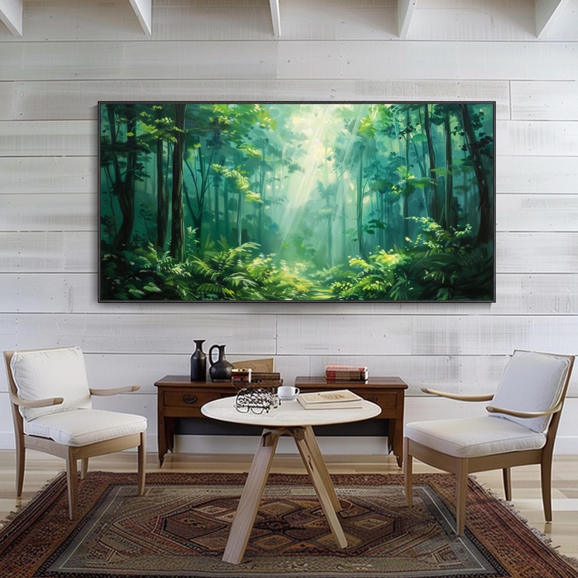 Sunlit Green Forest Light Rays Misty Woodland Nature Art Poster - Image 3