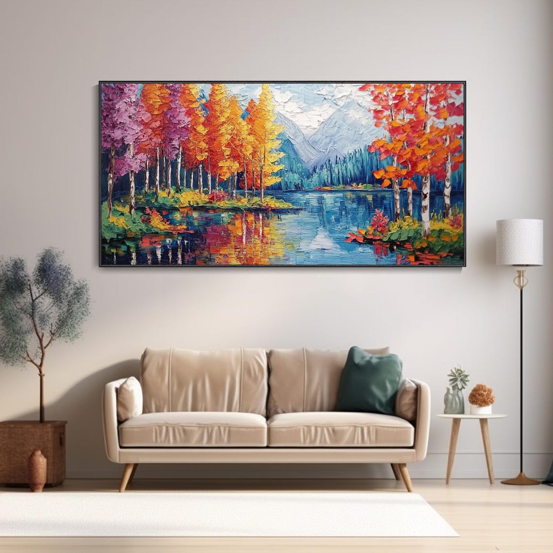 Autumn Forest Lake Reflection Birch Trees Mountain Oil Poster - Image 3