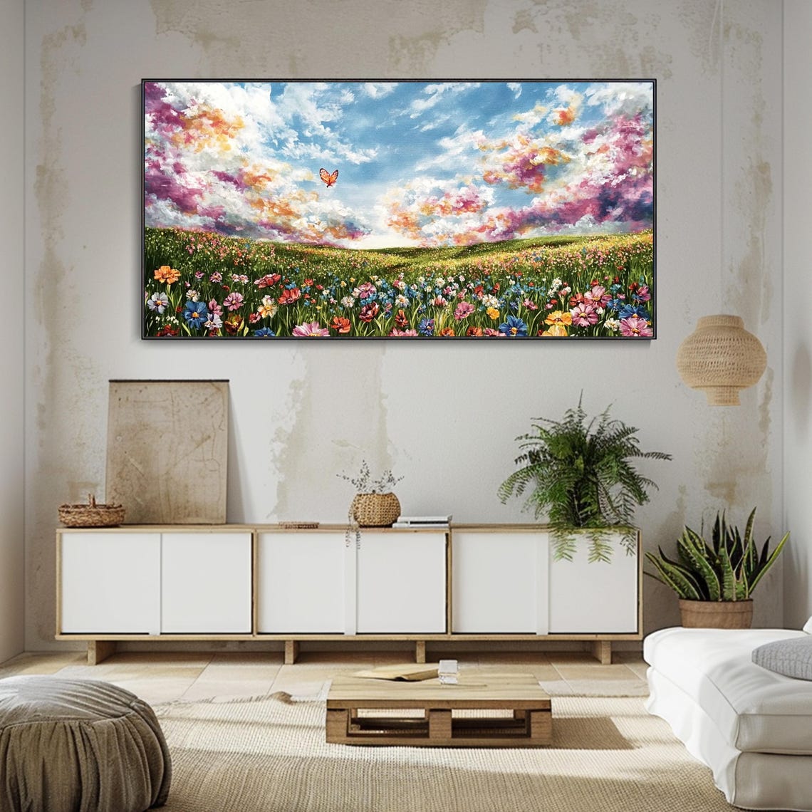 Spring Wildflower Meadow Butterfly Sunset Clouds Nature Art Poster - Image 2