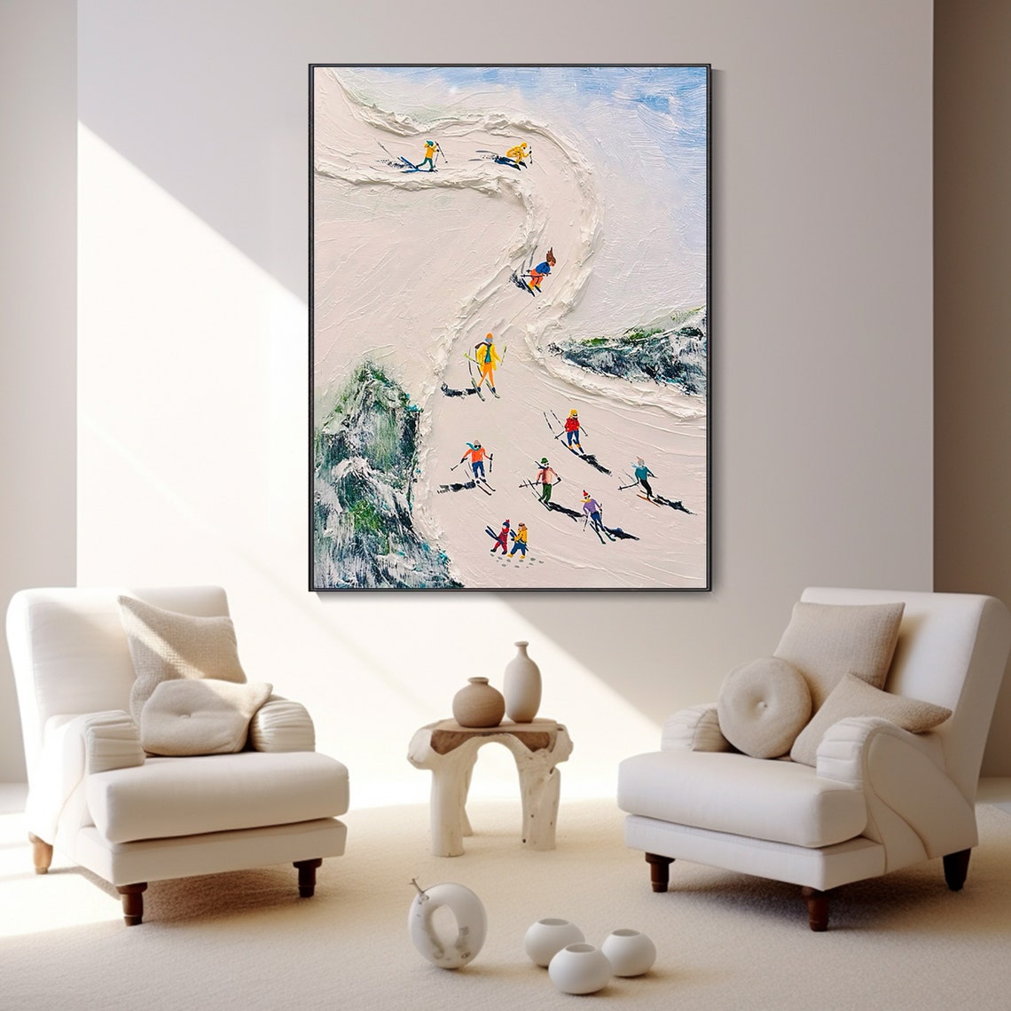 Tiny Skiers Snowy Slope Aerial White Texture Oil Painting Poster - Image 2