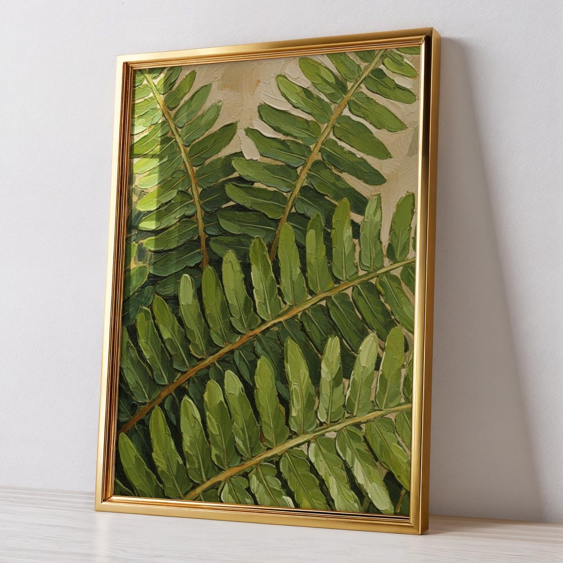 Painted Fern Leaves Thick Impasto Textured Botanical Green Wall Art