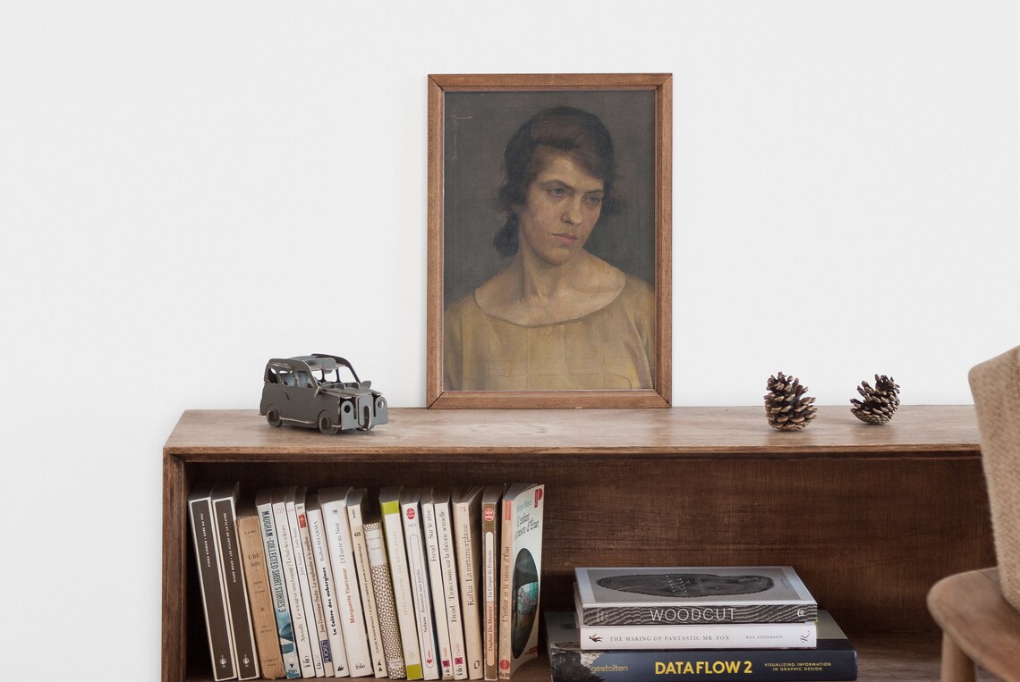Woman in Mustard Dress Dark Vintage Oil Portrait Painting Poster - Image 2