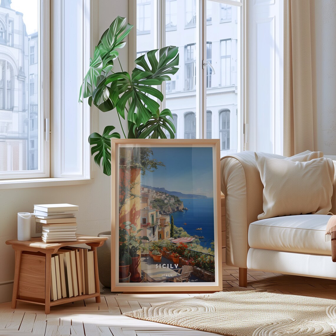 Sicily Italy Sunlit Terrace Overlooking Blue Sea Travel Poster - Image 2