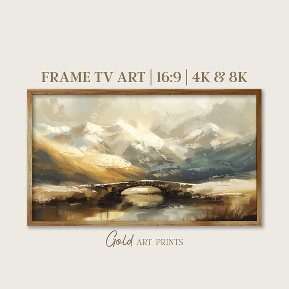 Stone Bridge Over Icy Lake Snowy Peaks Golden Light Vintage Art Poster
