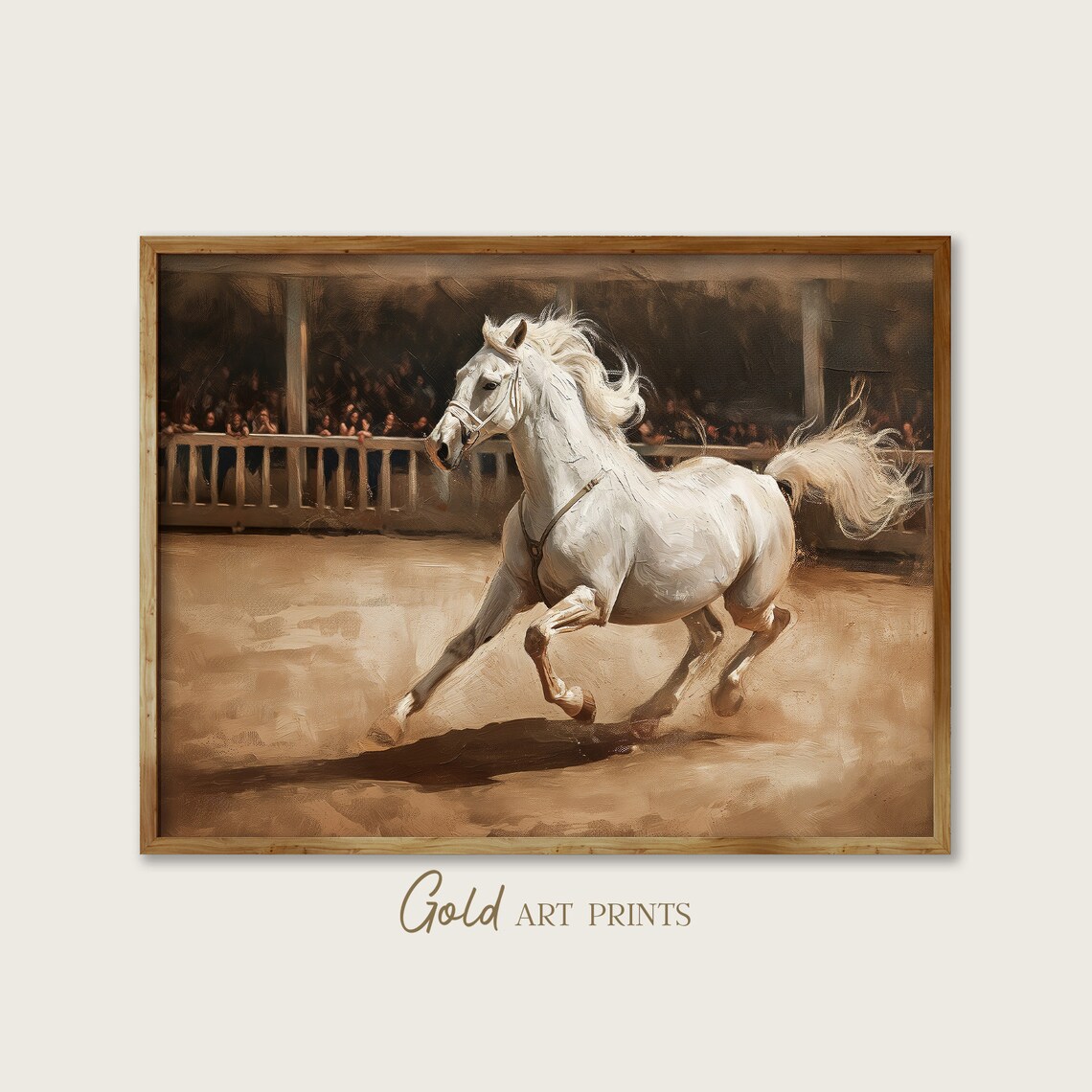 White Stallion Galloping In Circus Ring Sepia Vintage Horse Art Poster