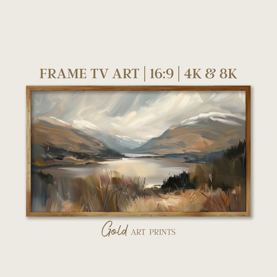 Misty Mountain Lake Valley Golden Grass Landscape Oil Painting Poster