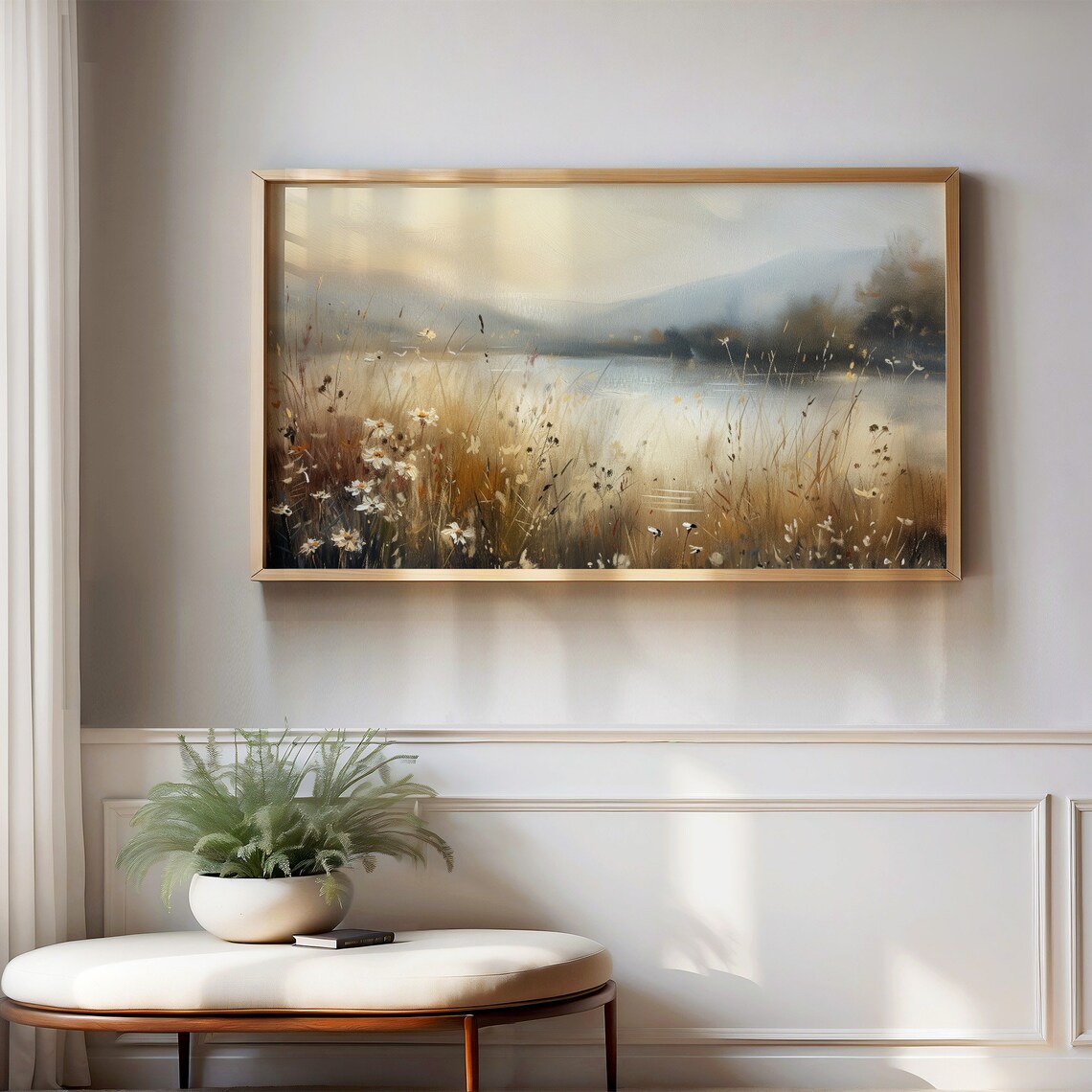 Golden Wildflower Lakeshore Meadow Impressionist Oil Painting Poster - Image 2