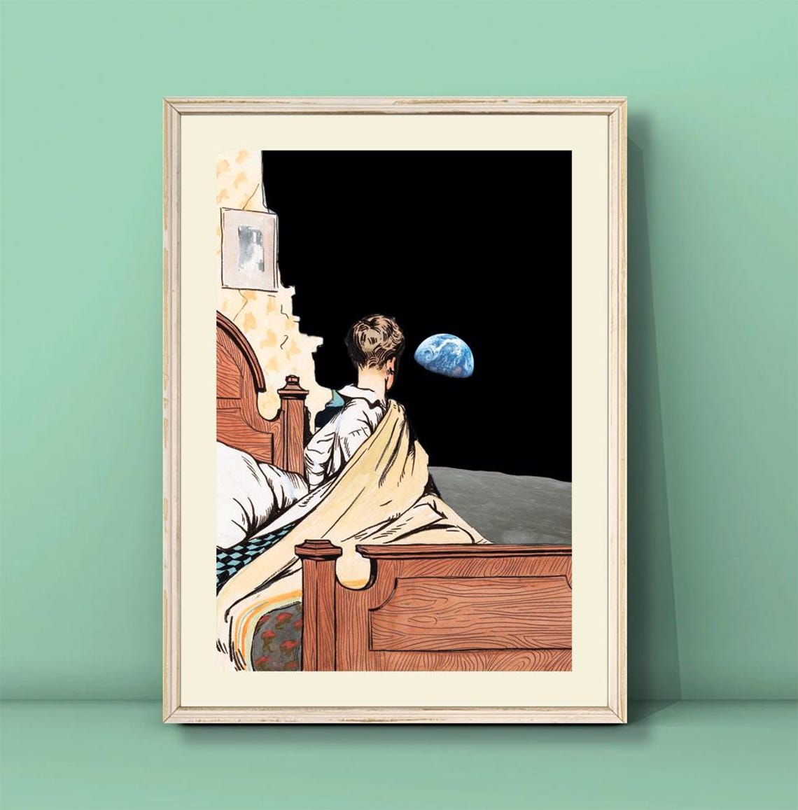 Edward Hopper Boy and Moon Earthrise Space Surreal Collage Poster