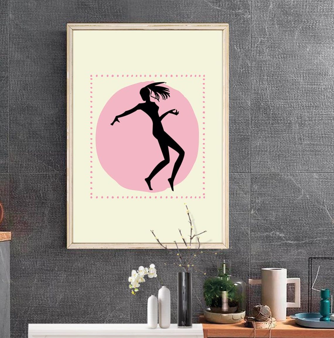 Dancing Woman Silhouette Pink Circle Boho Art Decor Joyful Poster - Image 2