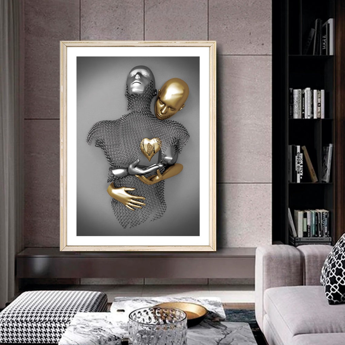 Silver And Gold Lovers Embrace With Heart Metallic 3D Love Poster - Image 2