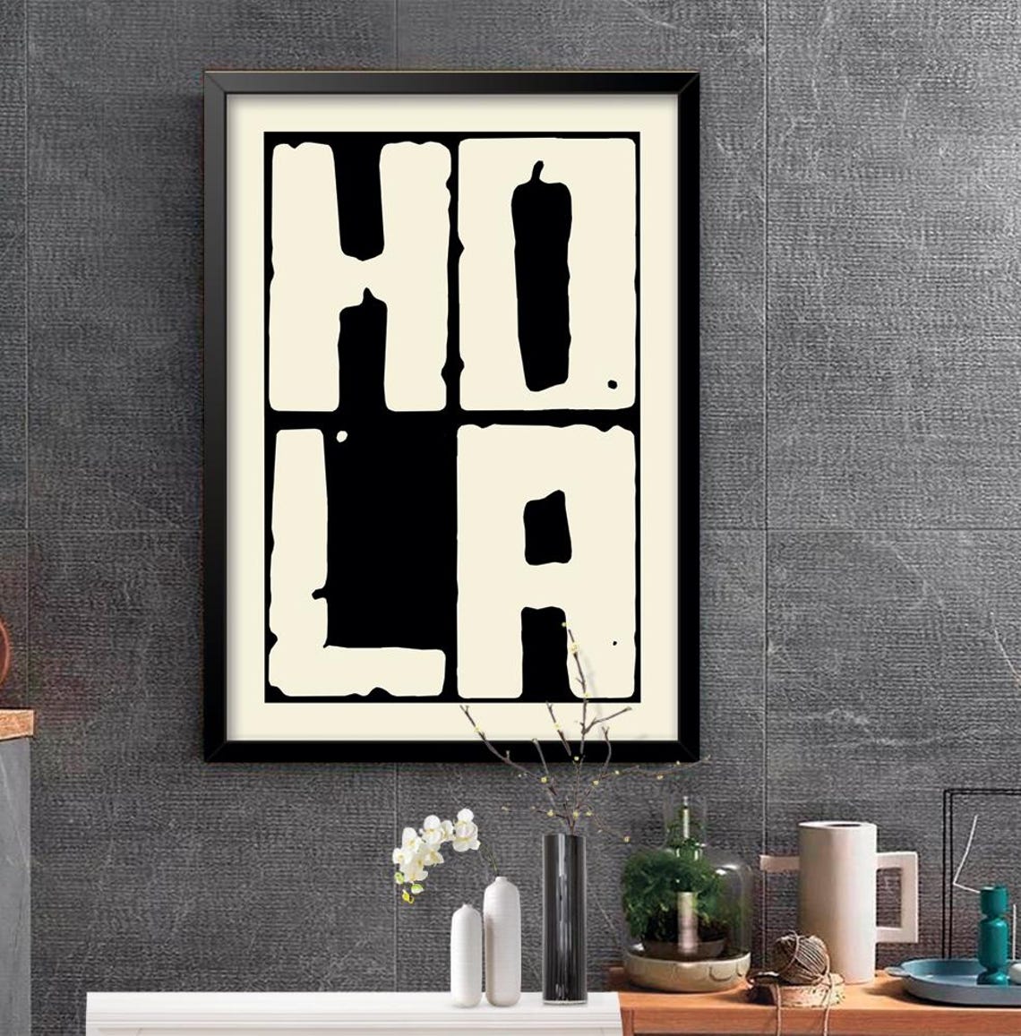 Bold Hola Typography Spanish Greeting Black Cream Graphic Poster - Image 2