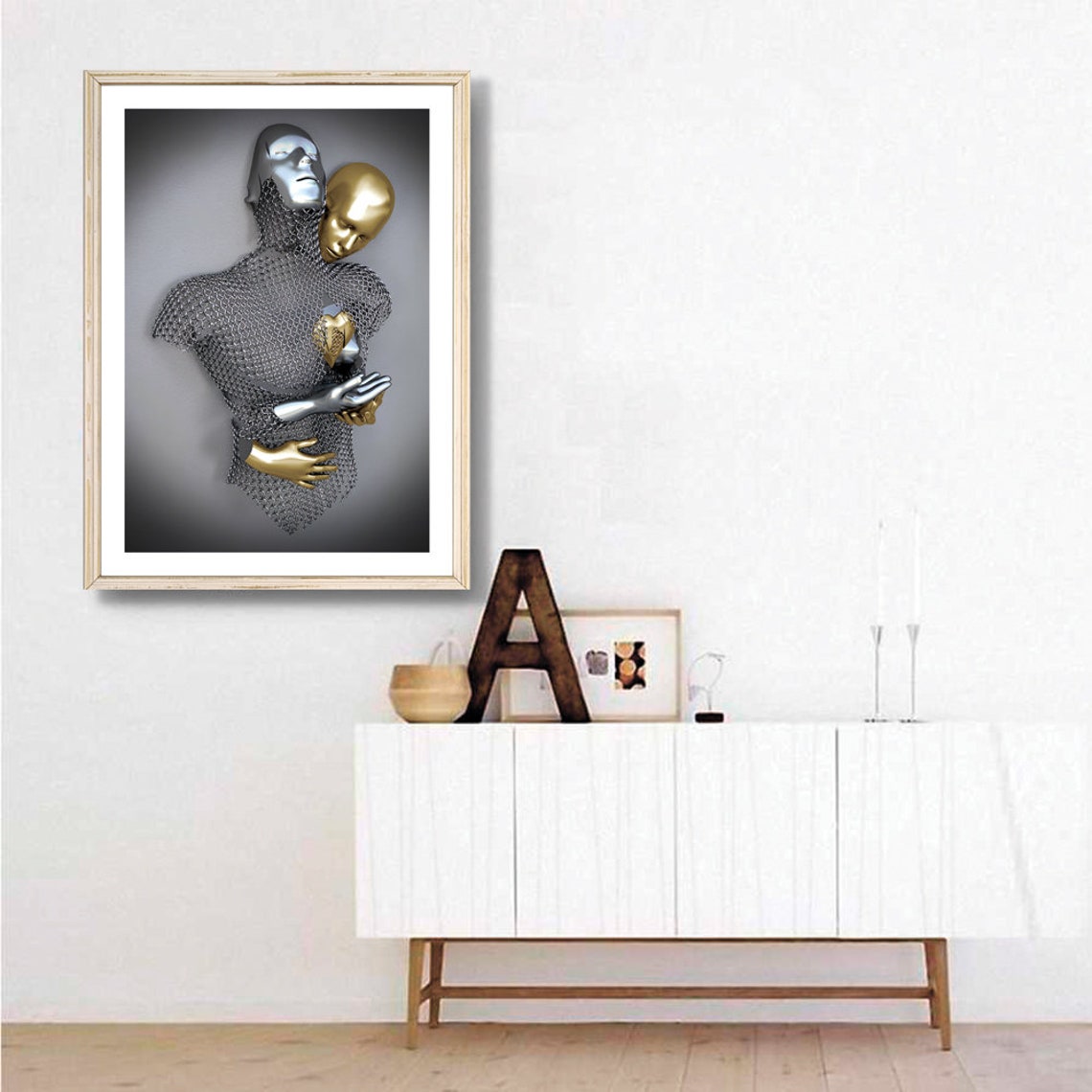 Metallic Embracing Couple Golden Heart Romantic 3D Art Poster - Image 2