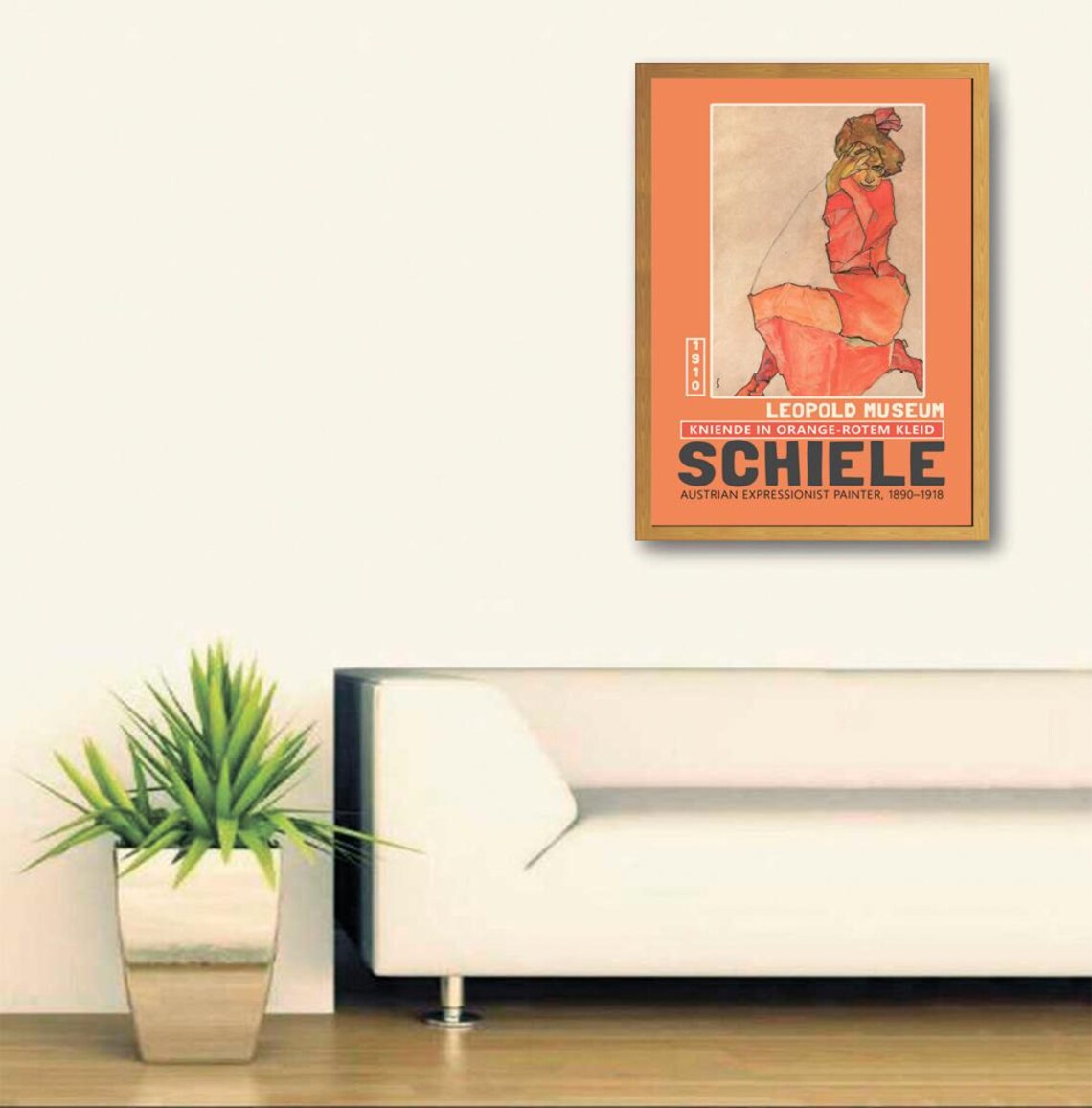 Egon Schiele Kneeling Female in Orange Red Dress Art Print - Image 3