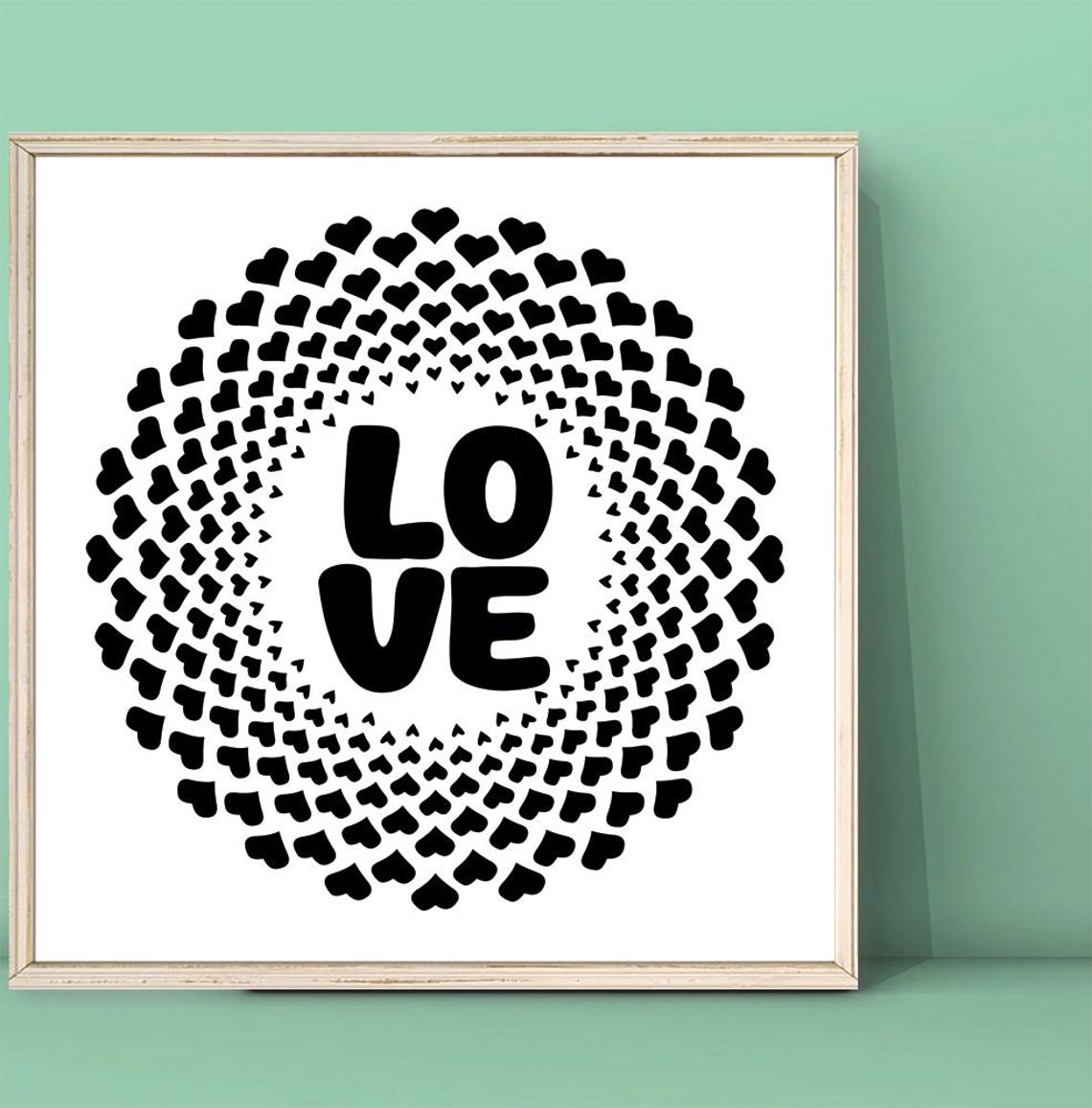 Love Word Black White Circle Heart Wreath Minimalist Decor Poster