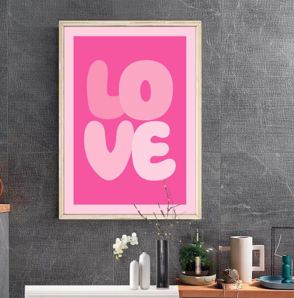 Love Bubble Letters Hot Pink Preppy Aesthetic Retro Quote Poster - Image 2