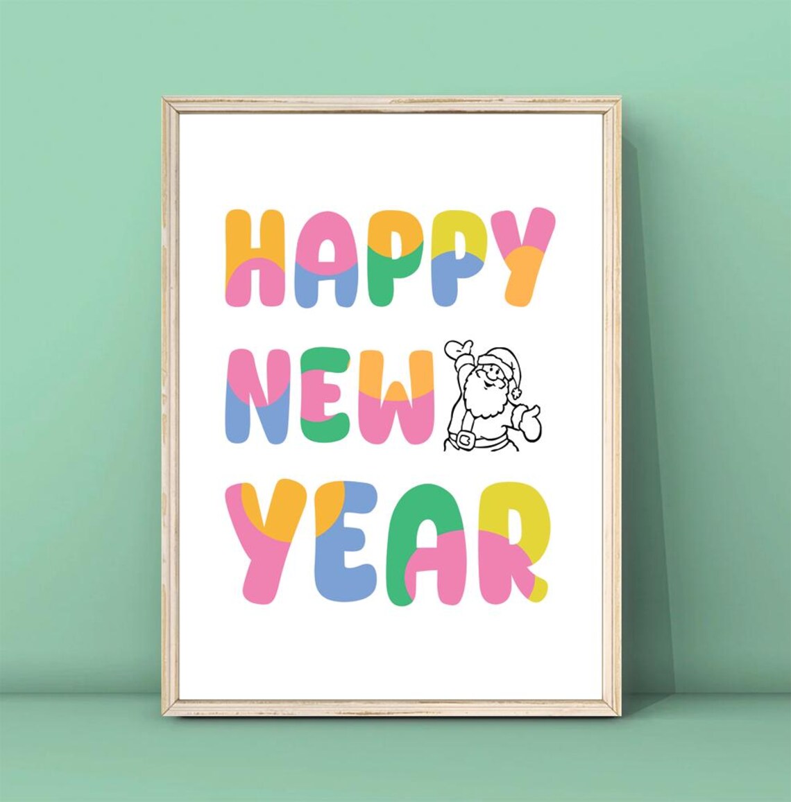 Happy New Year Colorful Bubble Letter Santa Sketch Holiday Print