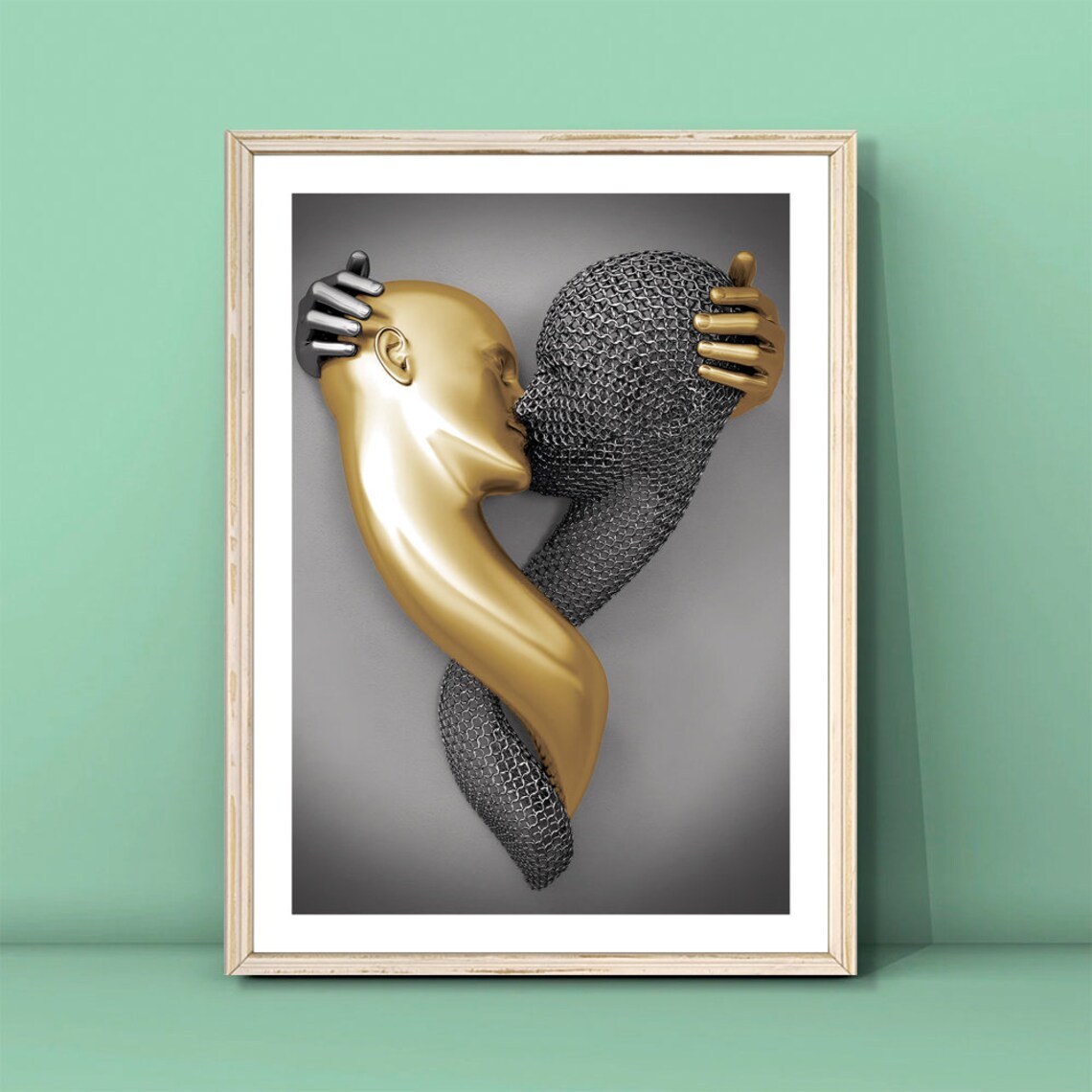 Gold Silver Embracing Couple Sculpture Romantic Modern Art Poster - Image 3