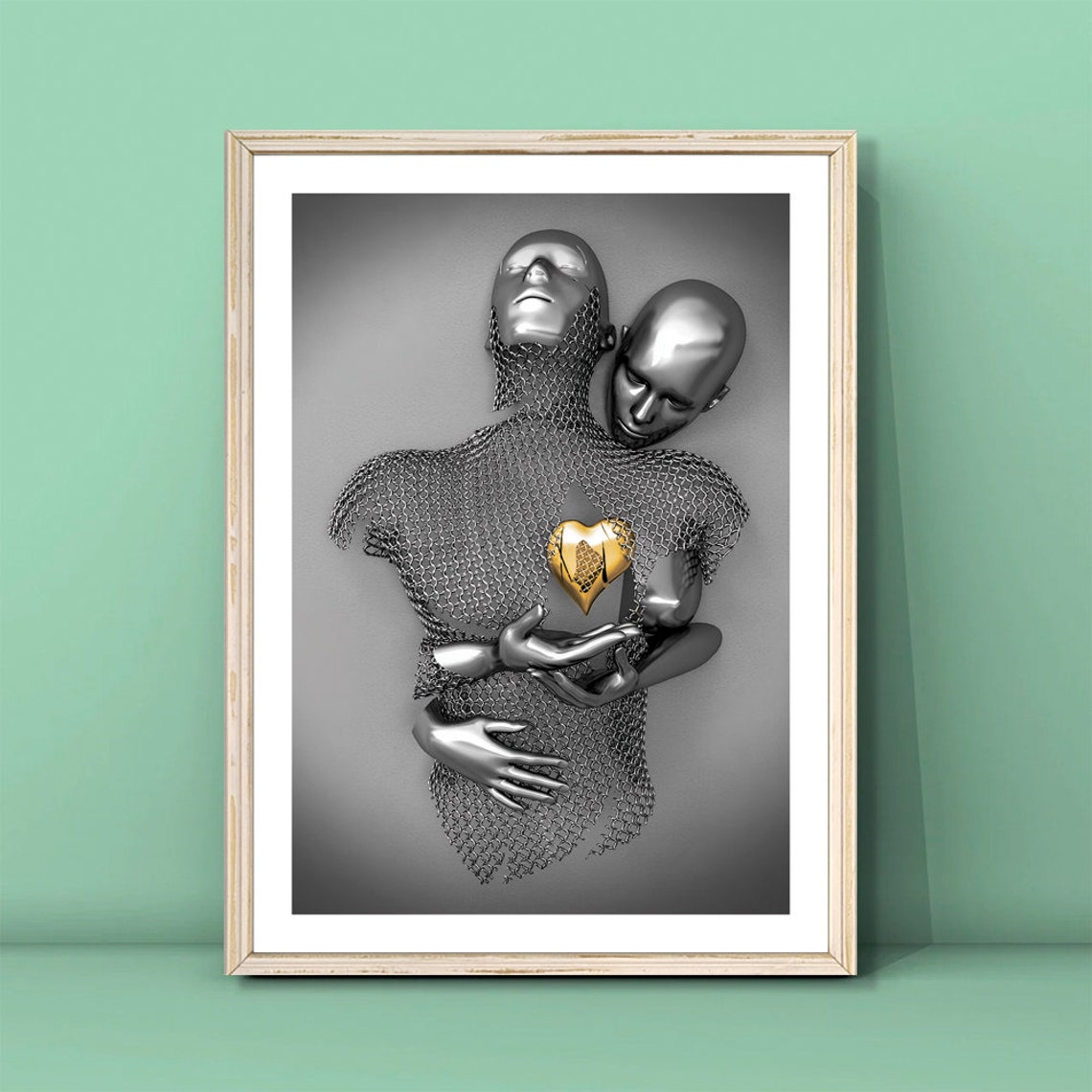 Romantic Silver Gold Embracing Couple Golden Heart Modern Art Poster - Image 3