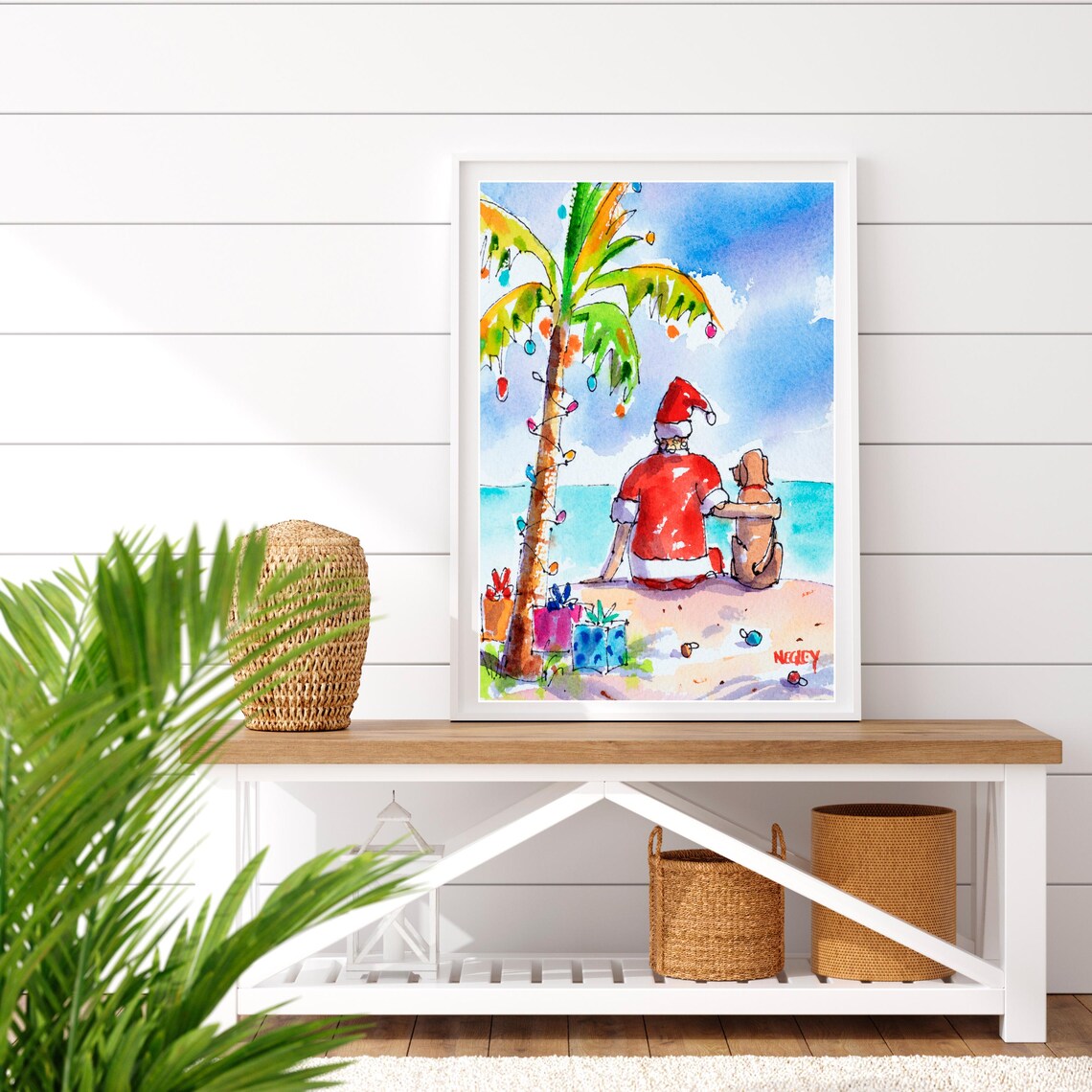 Santa Claus with His Dog Enjoying a Tropical Christmas Beach Poster - Image 3
