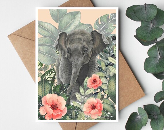 Baby Elephant Tropical Blooms Botanical Fine Art Note Card Print