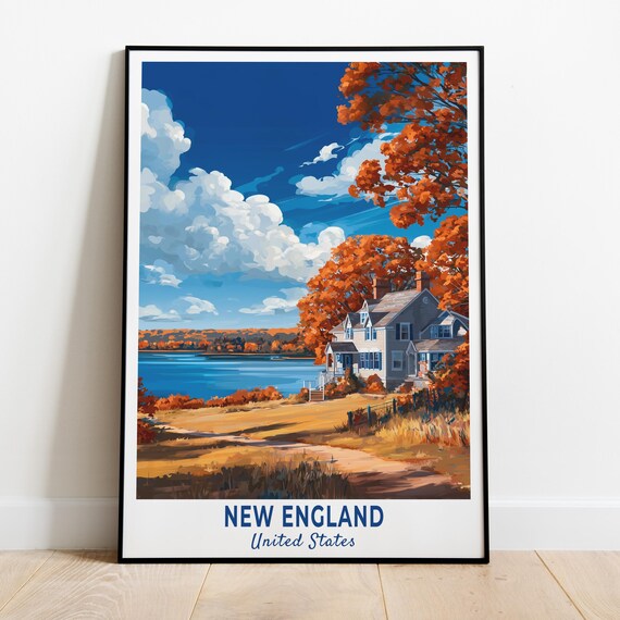 New England United States Autumn Coast Charming House Travel Poster