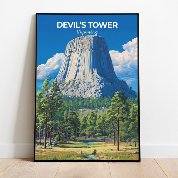 Devils Tower Wyoming Basalt Monolith Pine Forest Vintage Poster