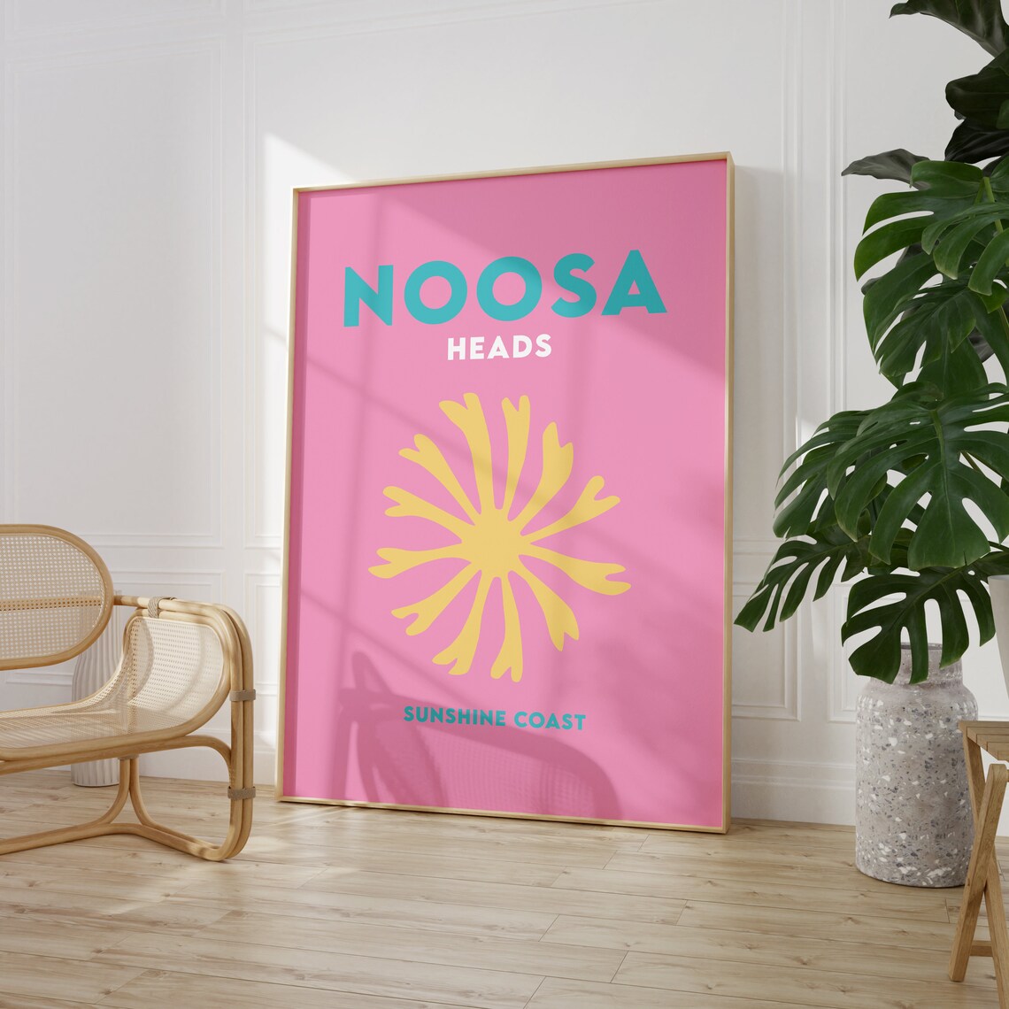 Noosa Heads Sunshine Coast Pink Yellow Sunburst Travel Poster