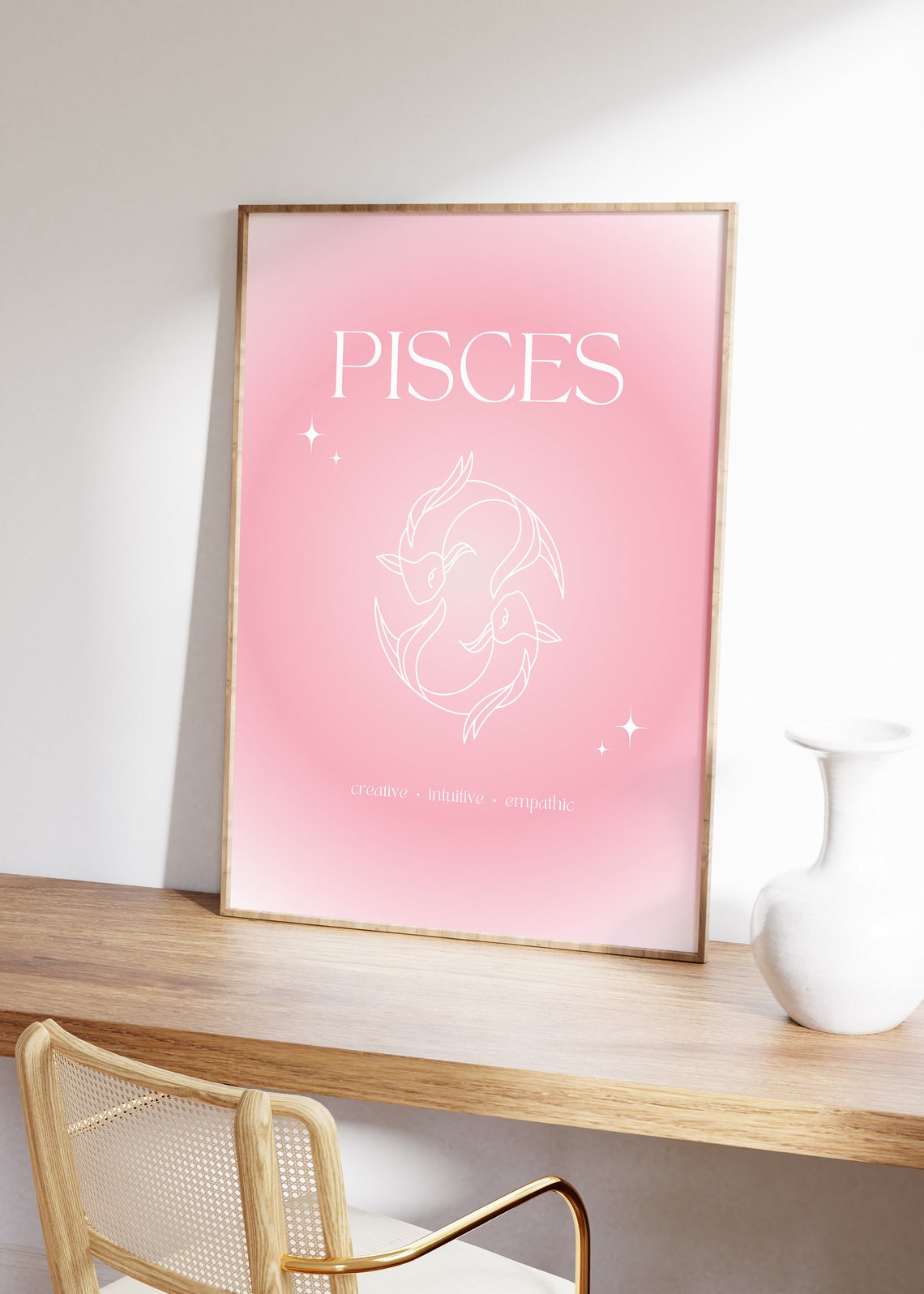 Pisces Zodiac Twin Fish Pink Gradient Aura White Line Art Poster - Image 4