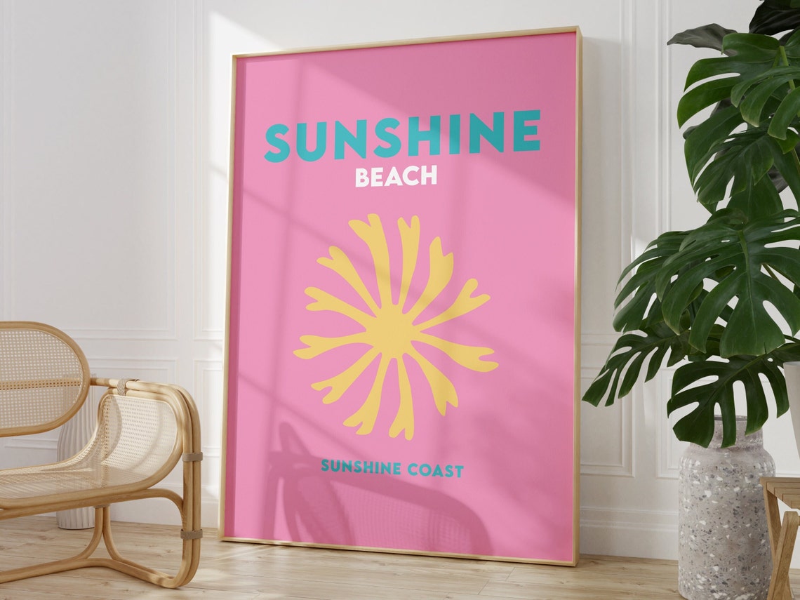 Sunshine Beach Sunshine Coast Pink Yellow Sunburst Travel Poster
