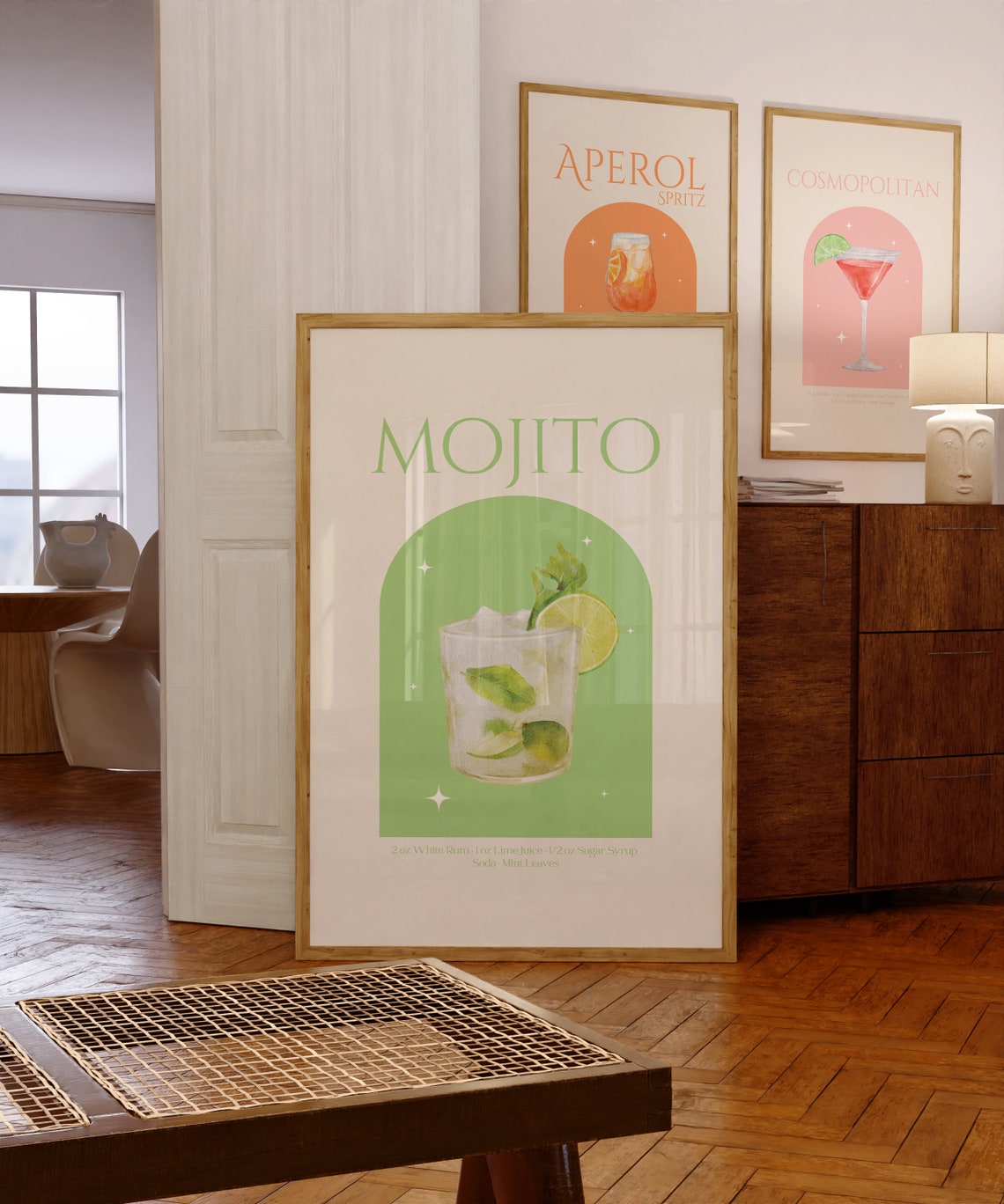 Mojito Cocktail Recipe Green Watercolor Mint Lime Bar Poster - Image 3