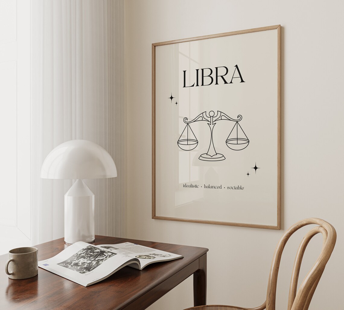 Libra Zodiac Sign Minimalist Scales Line Art Cream Star Poster - Image 5