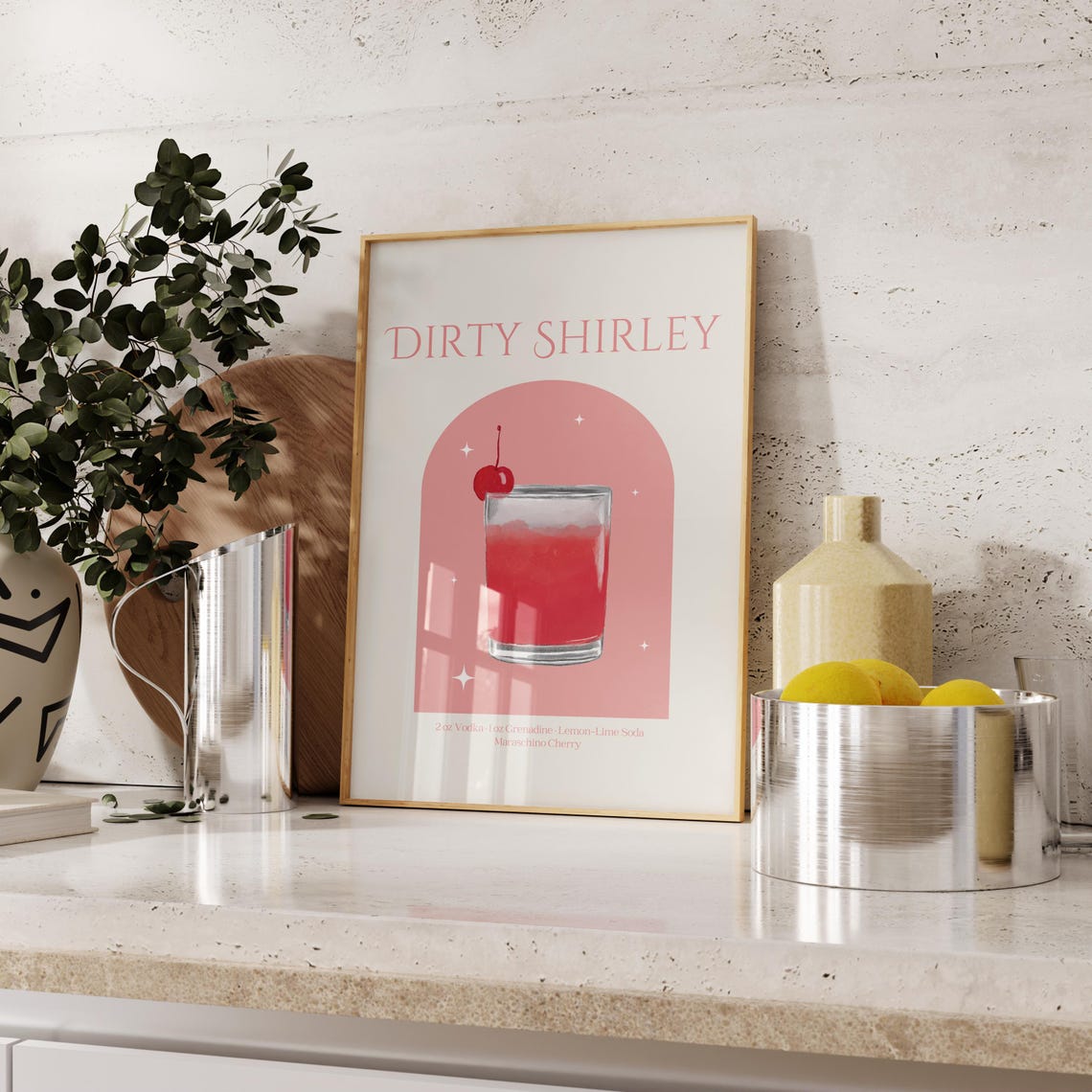 Dirty Shirley Cocktail Recipe Pink Arch Cherry Watercolor Poster - Image 3