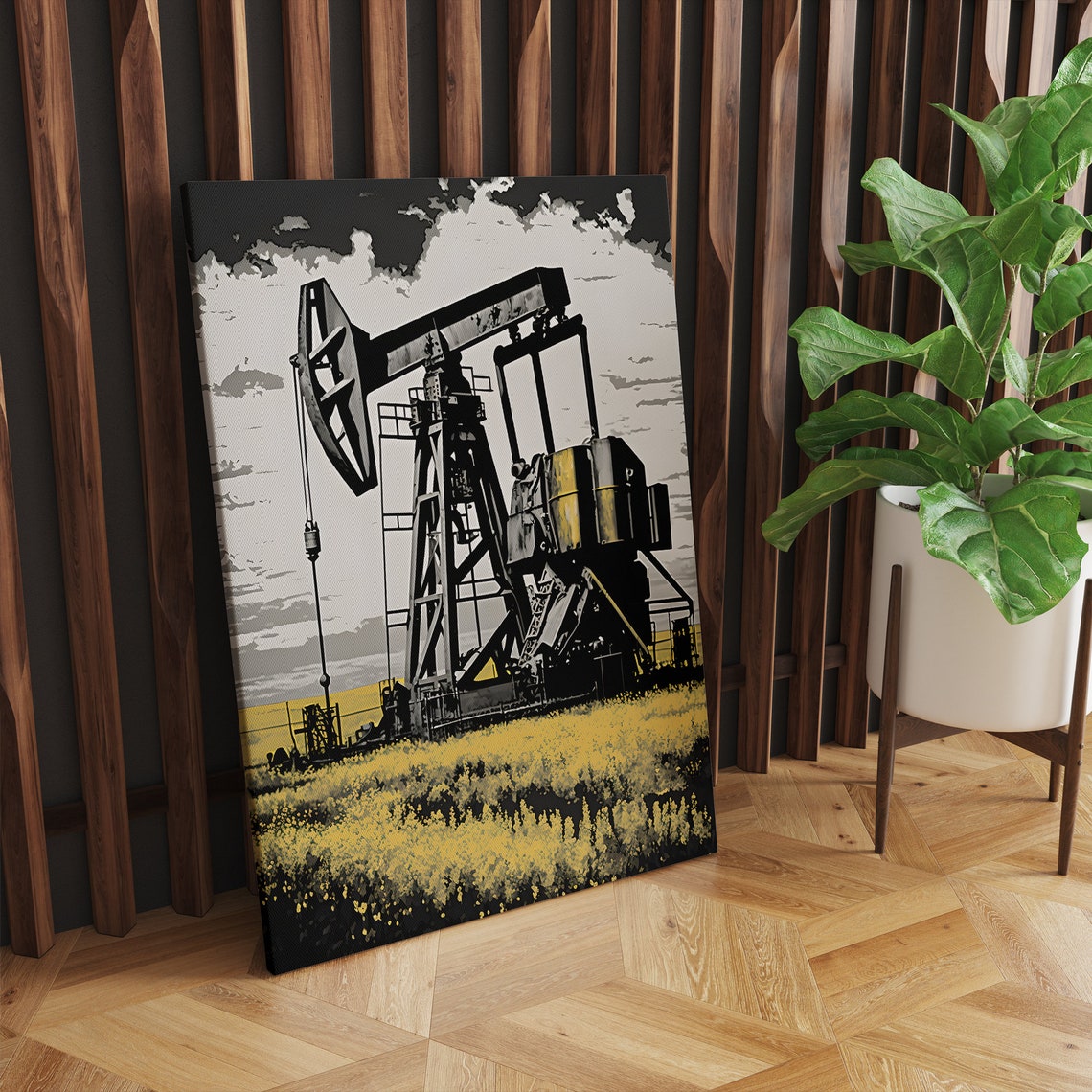 Yellow And Black Oil Pumpjack In Wildflower Field Pop Art Style Poster - Image 3