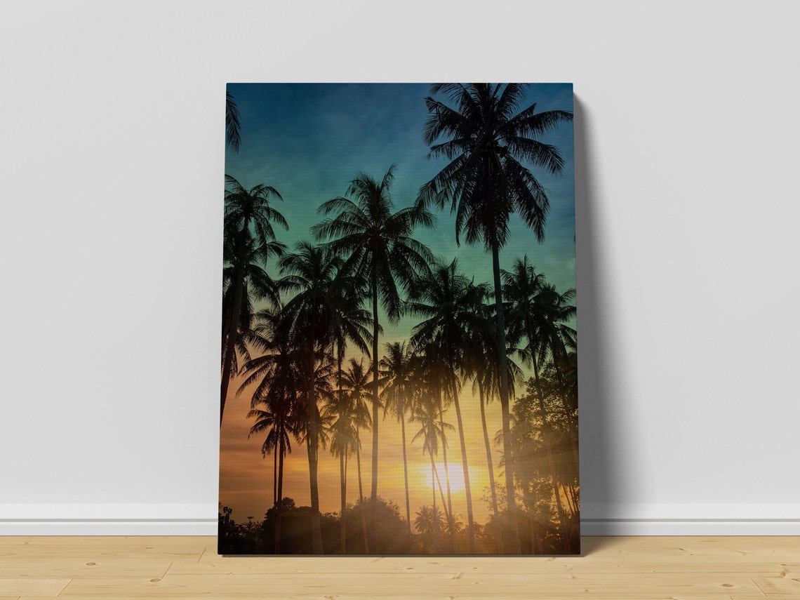 Tropical Palm Tree Silhouettes Against Golden Sunset Sky Poster - Image 3