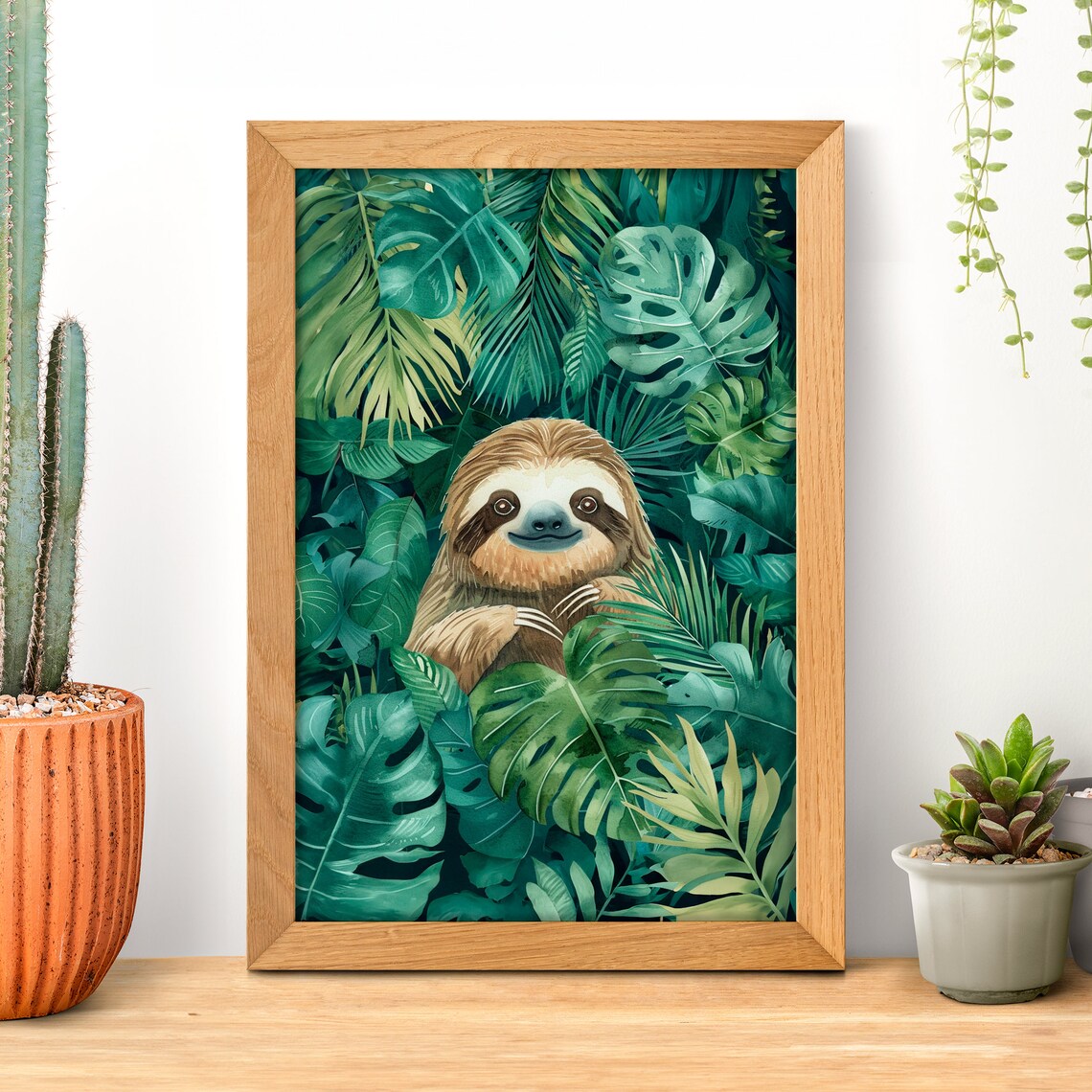 Rainforest Monstera Sloth Watercolor Poster, Funny Wildlife