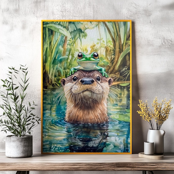 Curious Otter In The Water With A Frog Sitting On Its Head Poster