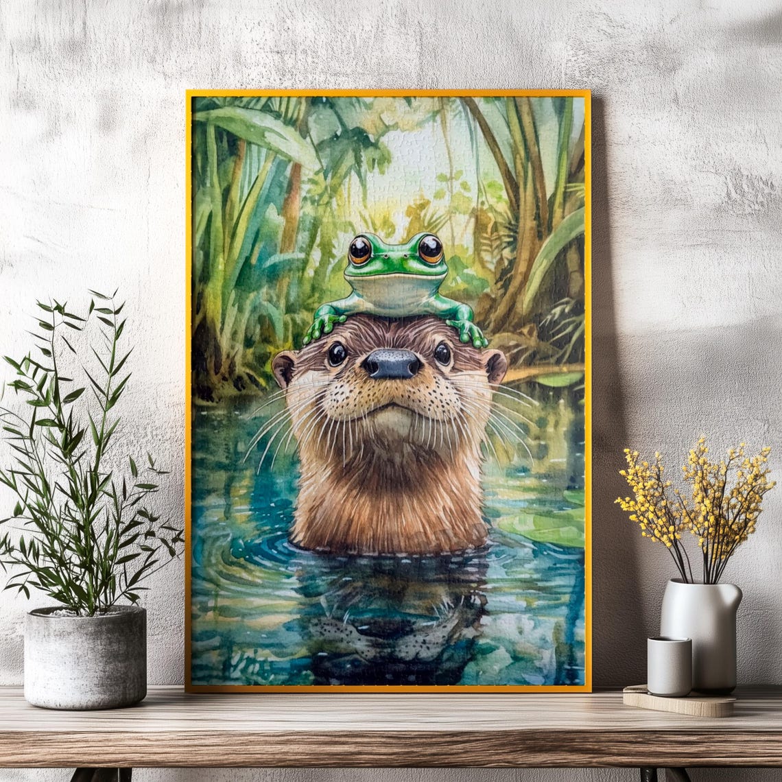 Curious Otter In The Water With A Frog Sitting On Its Head Poster