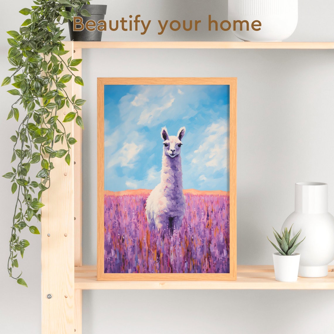 White Llama Standing in a Purple Lavender Field Under Blue Sky Poster - Image 3