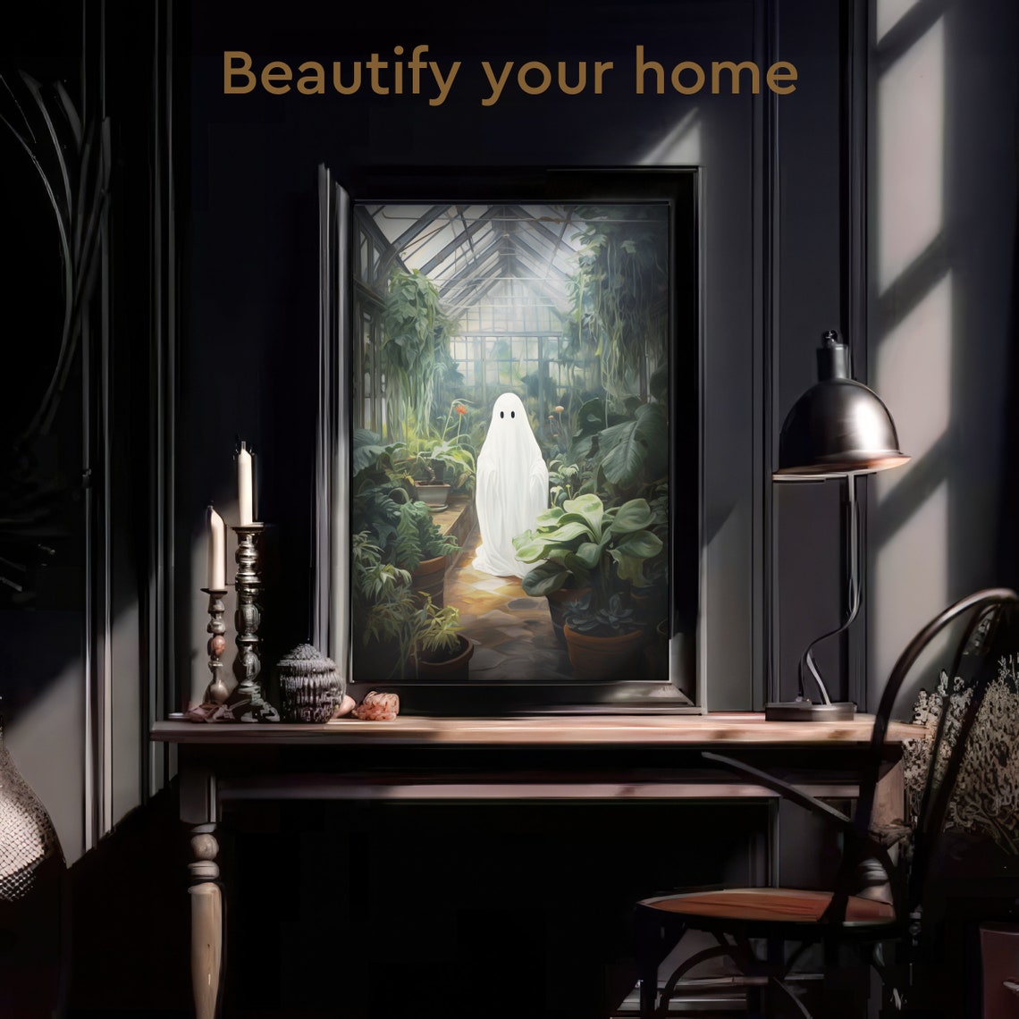Ghost Standing in a Lush Botanical Greenhouse Garden Scene Poster - Image 3