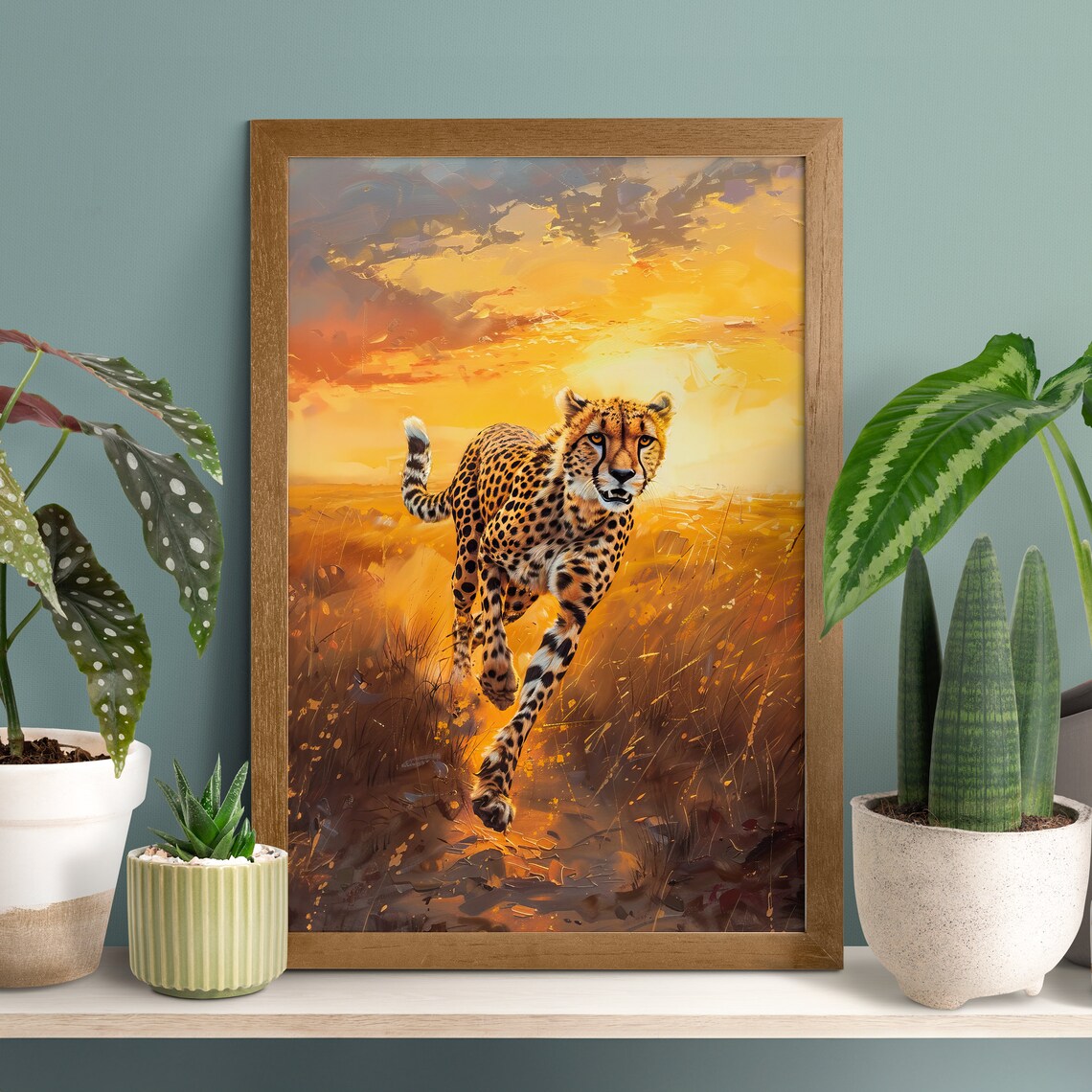 Sunset Savannah Cheetah Vintage Oil Painting Poster