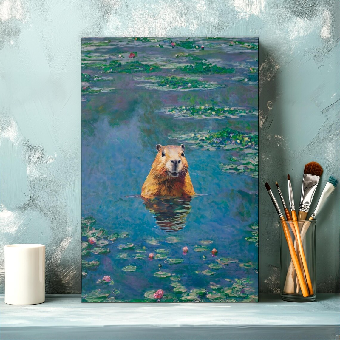 Sweet Capybara Floating in a Monet Style Waterlily Pond Art Print