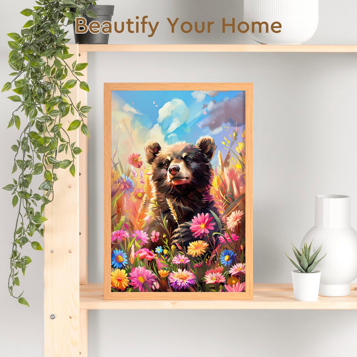 Bear Cub Sitting in a Meadow Field of Colorful Wildflowers Poster - Image 3